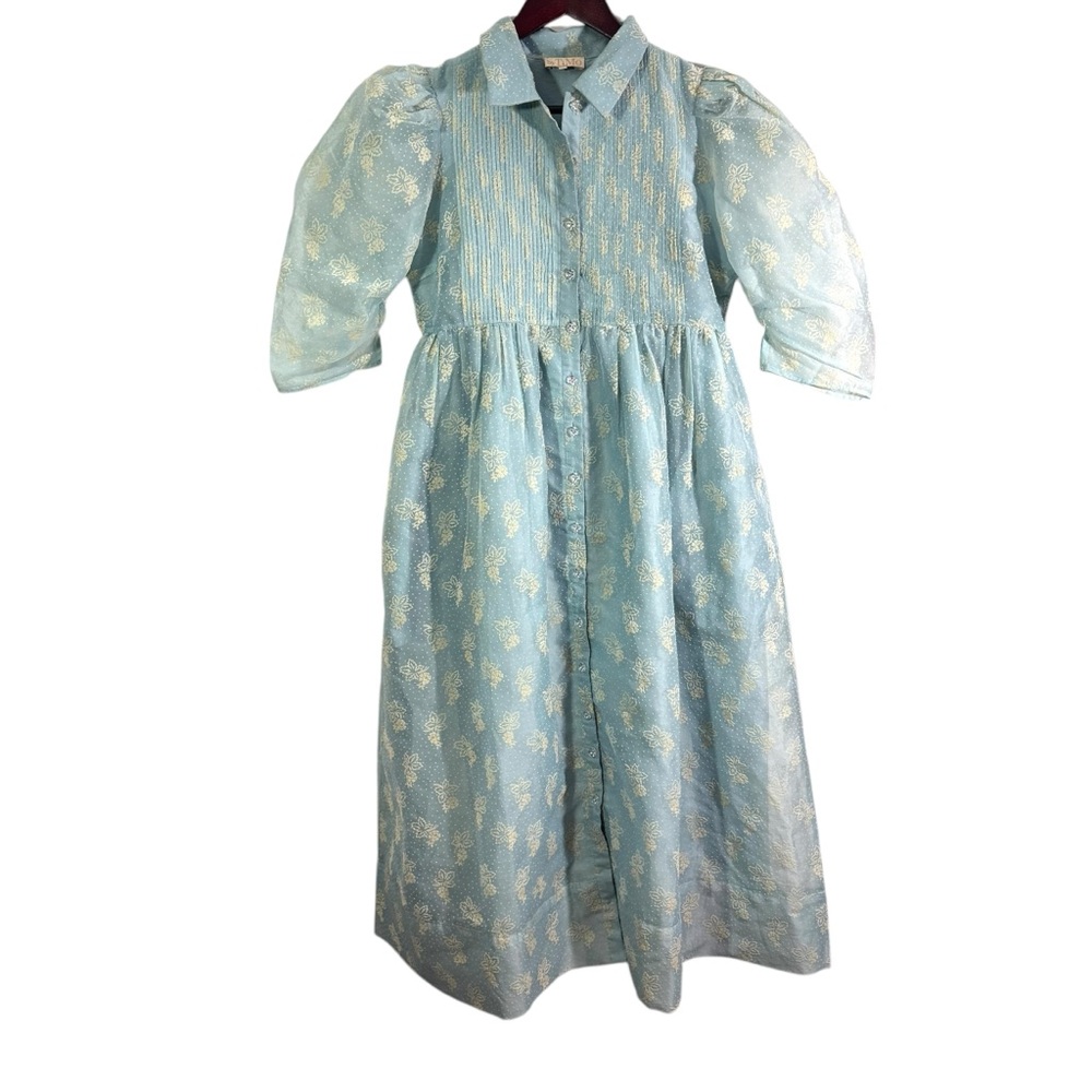 by Timo Light Blue Floral Organza Puff Sleeve Midi Dress in Dots